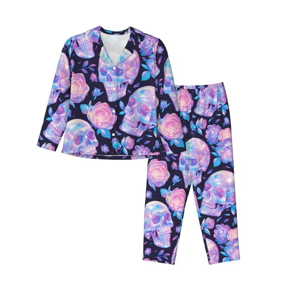 Pajama Sets for Women 2 Pcs, crystal Skull flower Button Down Long Sleeve Sleepwear Lounge PJ Sets