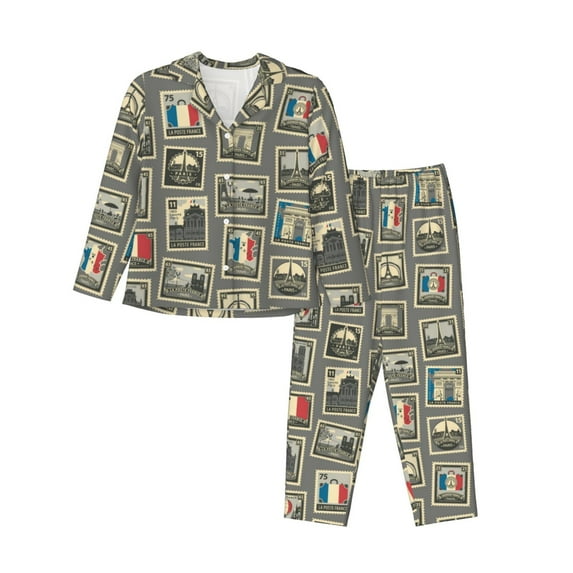 Pajama Sets for Women 2 Pcs, france Stamp Pattern Button Down Long Sleeve Sleepwear Lounge PJ Sets