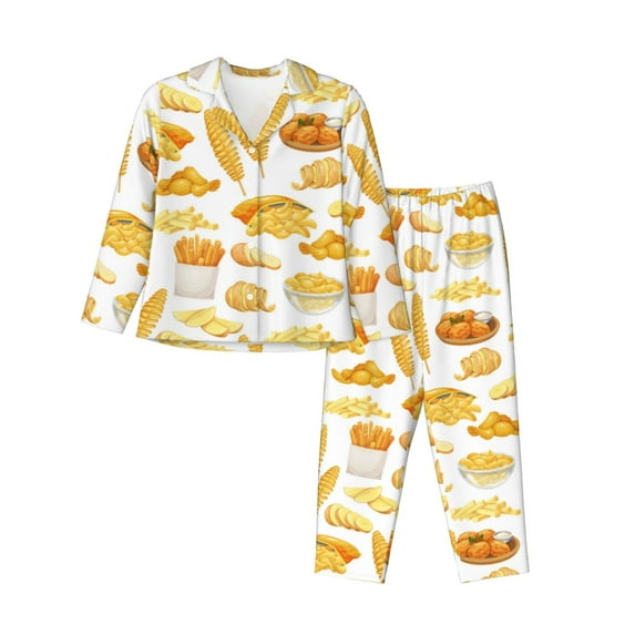 Pajama Sets for Women 2 Pcs, fries potato chips Button Down Long Sleeve Sleepwear Lounge PJ Sets
