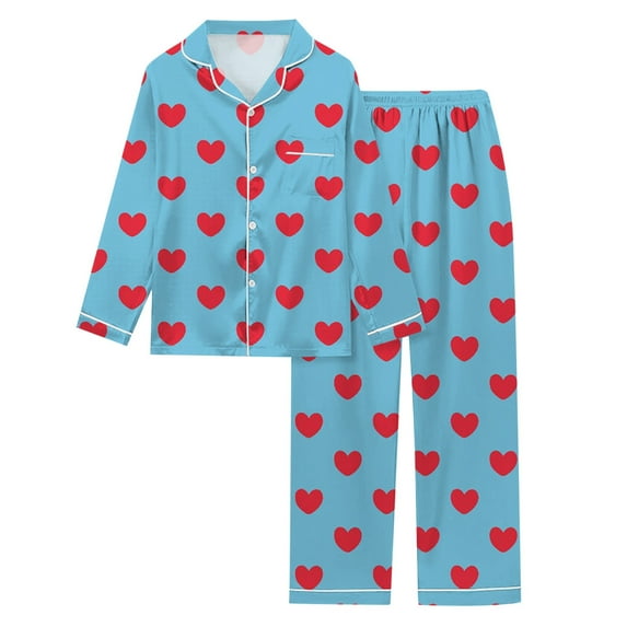 Pajama Sets for Women 2 Piece Casual 2 Piece Valentines Day Print V Neck Button Long Sleeve Set Sleepwear Fall Fashion,Sky Blue,M