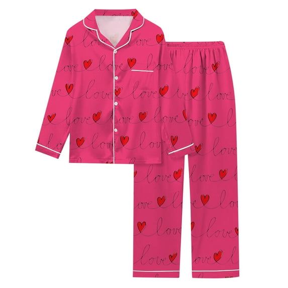 Pajama Sets for Women 2 Piece Casual 2 Piece Valentines Day Print V Neck Button Long Sleeve Set Women's Sleepwear,Hot Pink,M