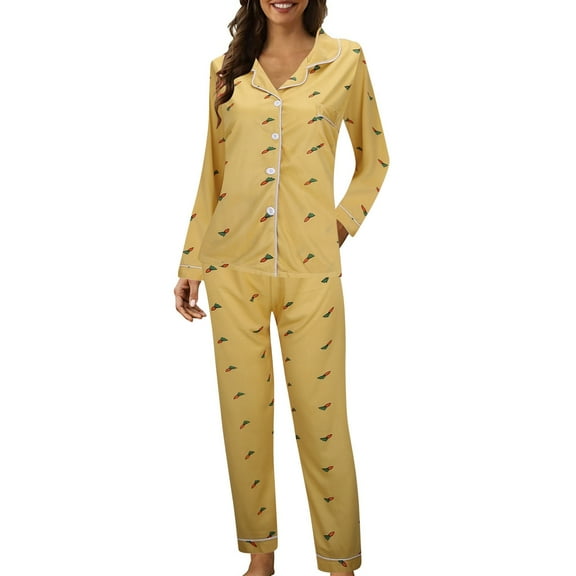 Pajama Sets for Women 2 Piece Casual Lapel Button Long Sleeved 2 Two Piece Womens Pjs Sets,Yellow,M