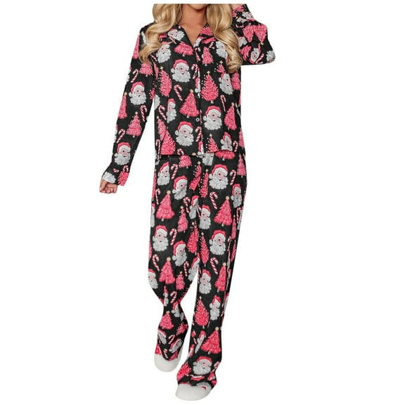 Pajama Sets for Women 2 Piece Christmas Santa Printed V Neck Button Long Sleeve Matching Pants Set Women Pjs Sets,Black,S