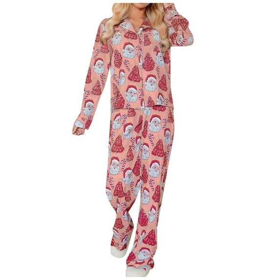 Pajama Sets for Women 2 Piece Christmas Santa Printed V Neck Button Long Sleeve Matching Pants Set Women Pjs Sets,Pink,L