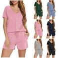 thumbnail image 1 of Pajama Sets for Women 2 Piece Cute Outfits Ribbed Knit Button Down V-Neck Short Sleepwear Drawstring Elastic Waist Lounge Pants Soft Homewear, 1 of 8