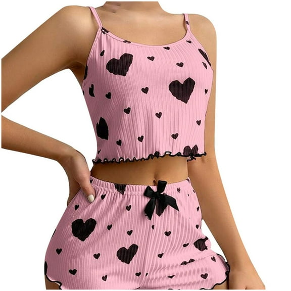 Pajama Sets for Women 2 Piece Cute Print Lettuce Trim Top And Shorts Nightwear Lightweight Women Sleepwear