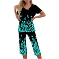 thumbnail image 1 of Pajama Sets for Women 2 Piece Floral Print Soft Cotton Short Sleeve Sleepwear V Neck Top and Capri Pants Pjs Outfits (L, Black), 1 of 5