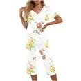 thumbnail image 1 of Pajama Sets for Women 2 Piece Floral Print Soft Cotton Short Sleeve Sleepwear V Neck Top and Capri Pants Pjs Outfits (L, White 07), 1 of 5