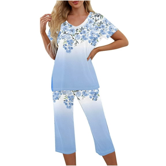 Pajama Sets for Women 2 Piece Floral Print Soft Cotton Short Sleeve Sleepwear V Neck Top and Capri Pants Pjs Outfits (S, Blue 01)