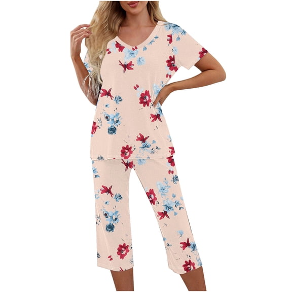 Pajama Sets for Women 2 Piece Floral Print Soft Cotton Short Sleeve Sleepwear V Neck Top and Capri Pants Pjs Outfits (S, White)