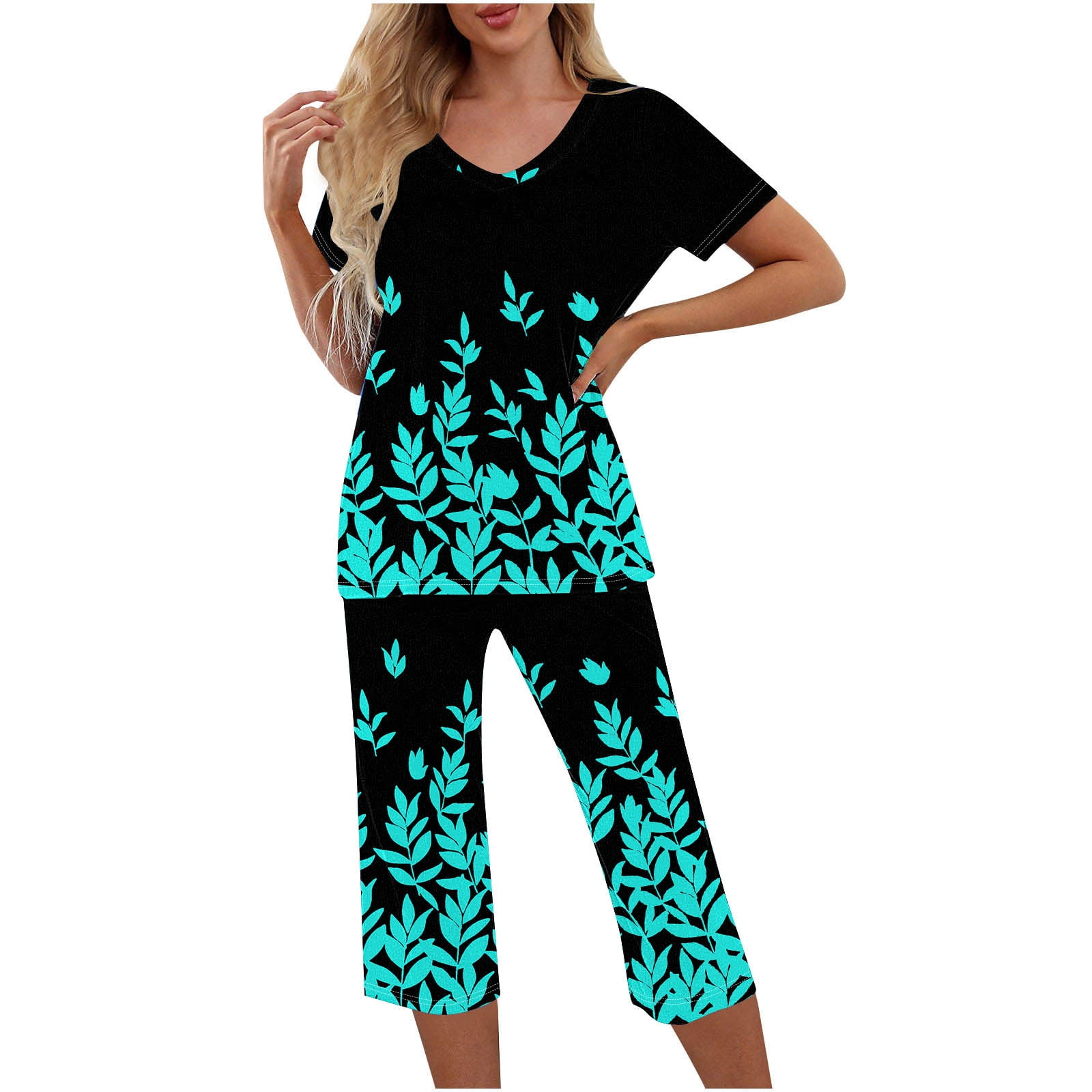 Pajama Sets for Women 2 Piece Floral Print Soft Cotton Short Sleeve ...