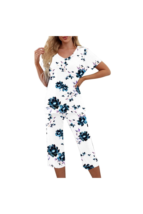 Pajama Sets for Women 2 Piece Floral Print Soft Cotton Short Sleeve Sleepwear V Neck Top and Capri Pants Pjs Outfits (XL, White 05)