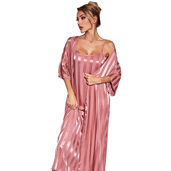 ebukurty Women's Pajama Sets 2 Piece Satin Long Nightgown Pink Valentines Pajamas Set, Sizes S-XL