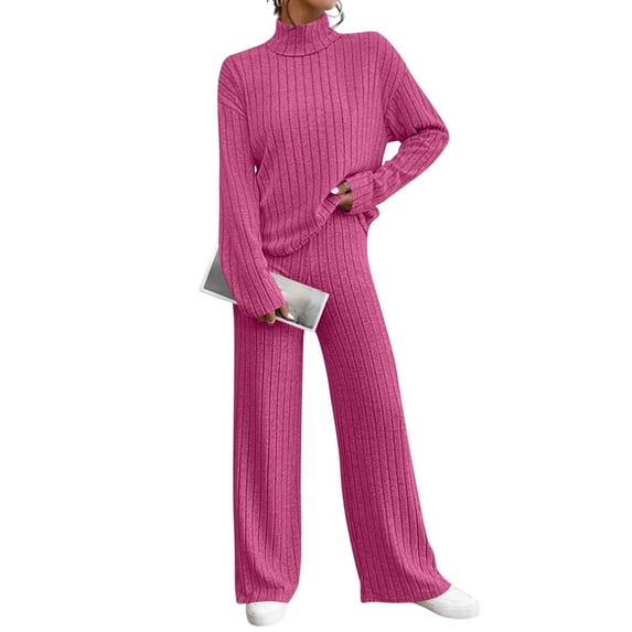 Pajama Sets for Women 2 Piece Outfit Set Long Sleeve Turtleneck Knit Pullover Sweater Top and Ribbed Wide Leg Pants Hot Pink S