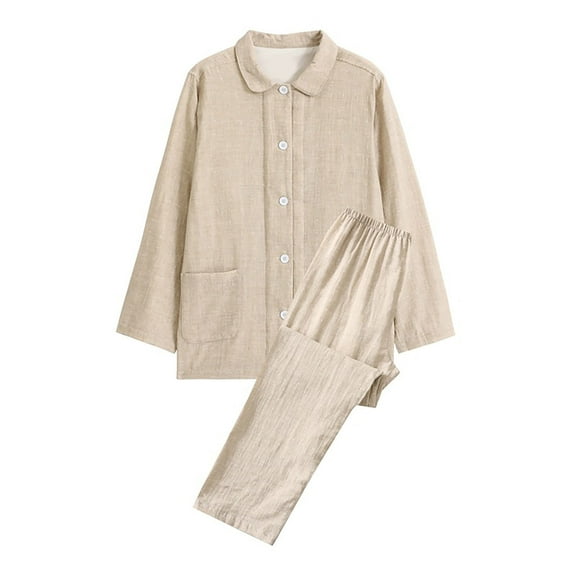 Pajama Sets for Women 2 Piece Plaid Loungewear Button Down Sleepwear and Wide Leg Pants Lapel Casual Loose Outfits (Beige L)