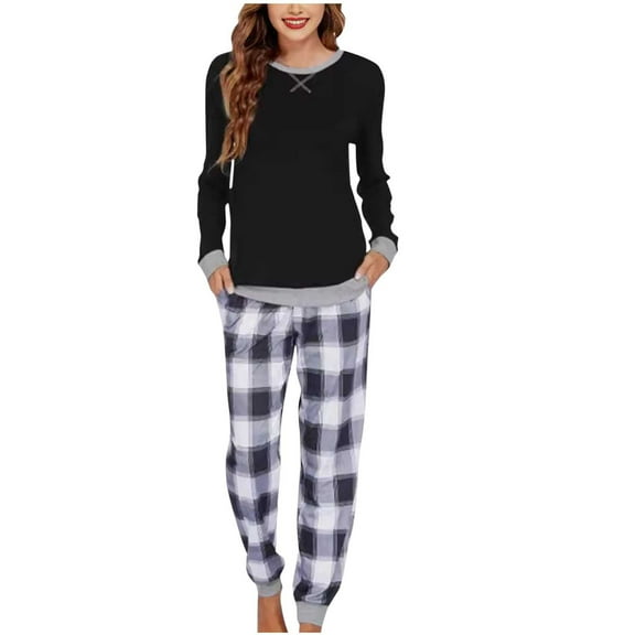 Pajama Sets for Women 2 Piece Plaid Pjs Long Sleeve Lounge Sets Comfy Gingham Nightwear with Pockets Black M