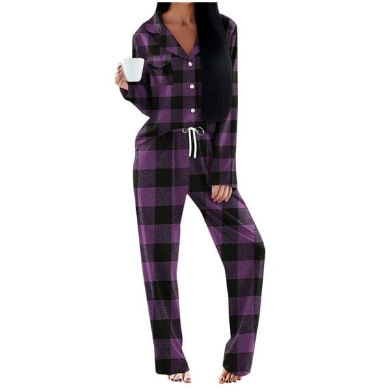 Pajama Sets for Women,2 Piece Plaid Pjs Long Sleeve Sleepwear and Long Pants Button Down Loungerwear with Pockets Lounge Sets