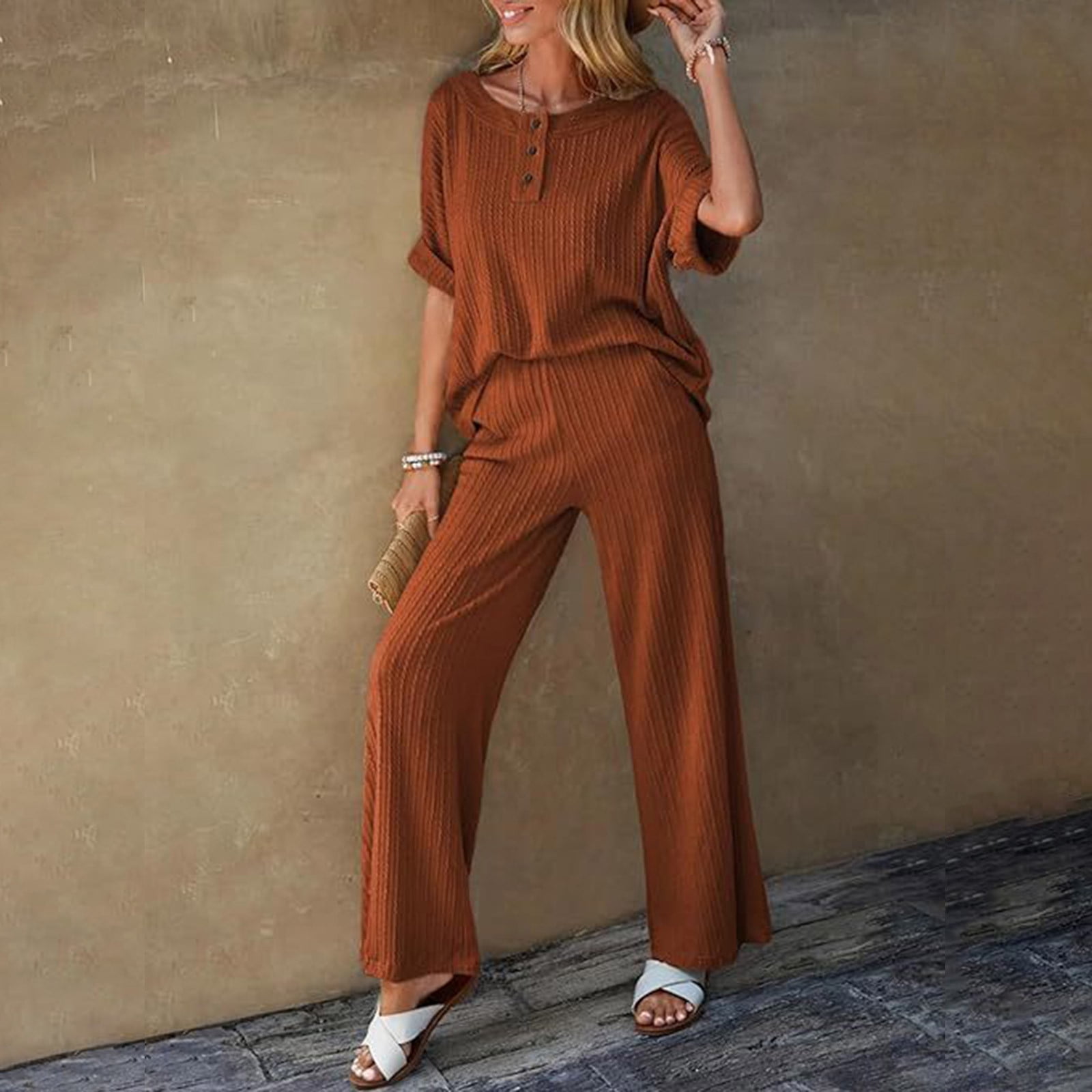Pajama Sets for Women 2 Piece Short Sleeve 2 Piece Shorts Set for Women Solid Color Round Neck Short Sleeve Tops Pants Sets With Pockets