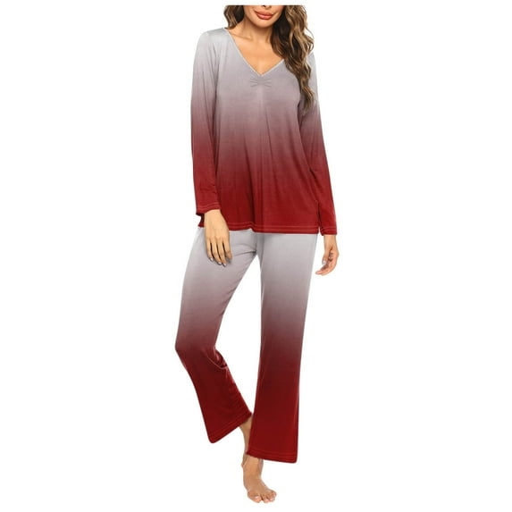 Pajama Sets for Women 2 Piece V-Neck Sleepwear Loungewear Gradient Lounge Outfits Long Sleeve Loose Pjs Suits (Hot Pink XL)