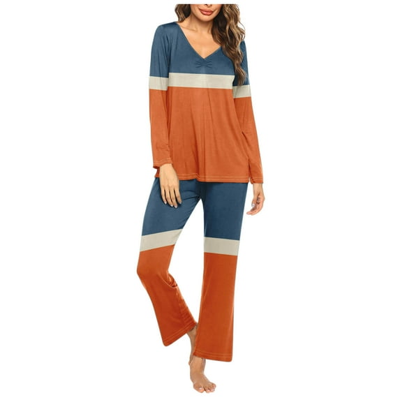 Pajama Sets for Women 2 Piece V-Neck Sleepwear Loungewear Print Lounge Outfits Long Sleeve Loose Pjs Suits (Orange M)