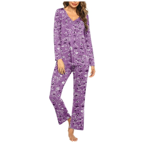 Pajama Sets for Women 2 Piece V-Neck Sleepwear Loungewear Print Lounge Outfits Long Sleeve Loose Pjs Suits (Purple M)