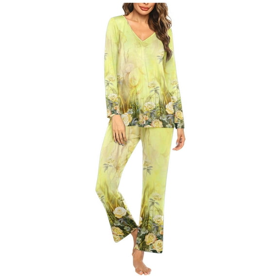 Pajama Sets for Women 2 Piece V-Neck Sleepwear Loungewear Print Lounge Outfits Long Sleeve Loose Pjs Suits (Yellow S)