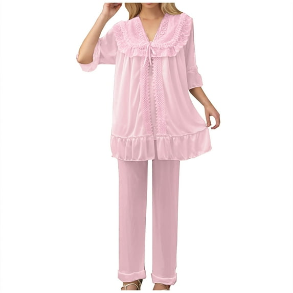 Pajama Sets for Women Add Spring And Summer Loose Nightdress Large Size Five Quarter Sleeve Trousers Ice Silk Three Piece Pajamas