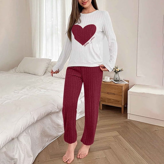 Pajama Sets for Women Fashion Hearts Print Lightweight Pajama Sets with Pants Summer Crew Neck Long Sleeve Sleepwear Summer Pjs for Women
