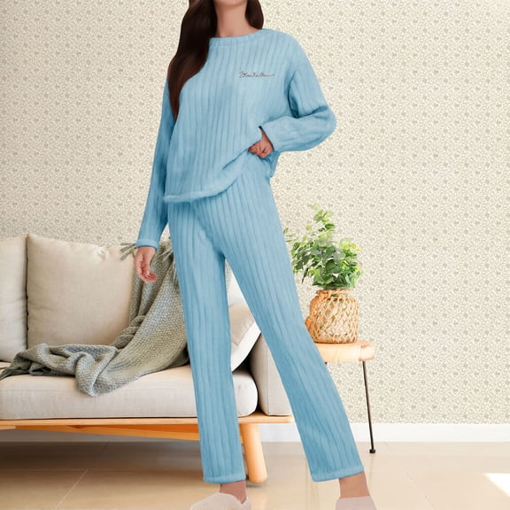 Pajama Sets for Women Long Sleeve Pullover Sweater Top and Ribbed Knit Jogger Pant 2 Piece Sleepwear