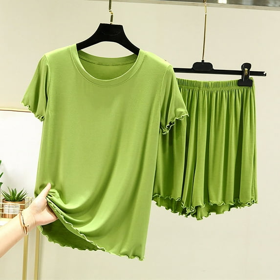 Pajama Sets for Women Oversized Solid Color Lightweight Pajama Set Casual Crew Neck Short Sleeve Sleepwear with Shorts Summer Pajamas