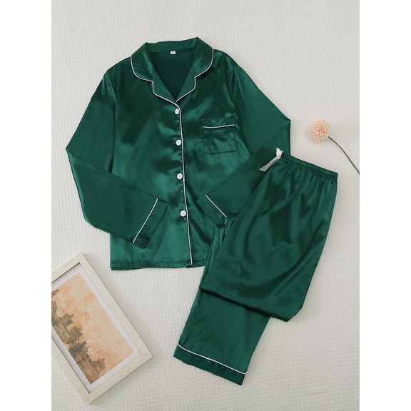 Pajama Sets for Women Silk Satin Button Solid Color Print Long Sleeve Top And Pant Pj Set Loungewear Soft Two Piece Holiday Sleepwear Sets Green M