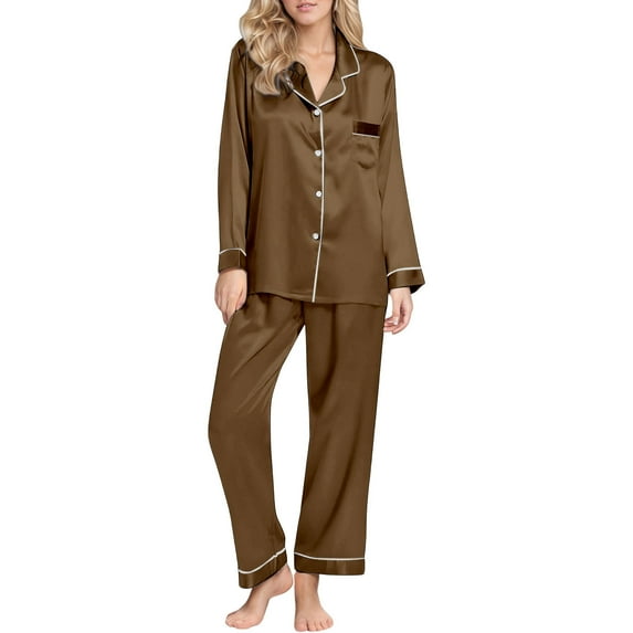 Pajama Sets for Women Silk Satin Button Solid Color Print Long Sleeve Top And Pant Pj Set Soft Sleepwear 2 Piece Outfits Loungewear Sets Coffee L