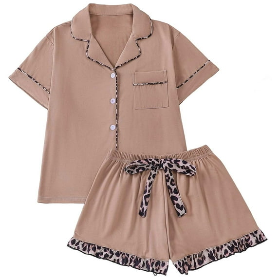 Pajama Sets for Women Valentine Comfortable Breathable Pjs Sets Button Down Short Sleeve Shorts 2 Piece Sleepwear Brown L