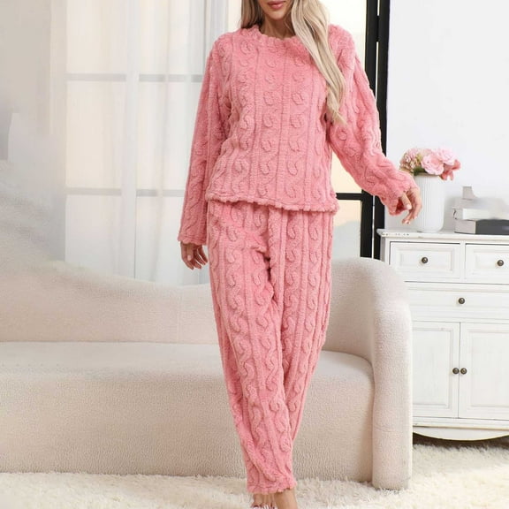 Pajama Sets for Women Women Flannel Pajamas Set Crew Neck Sleepwear Long Sleeve Loungewear Comfy 2 Piece Sets for Women Womens Matching Sets XL