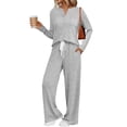 thumbnail image 1 of Pajama Sets for Women, Women's Fashion Solid Knitted Round Neck Long Sleeve Casual Pants Set New Fall Sets for Women Beach Gray S, 1 of 9