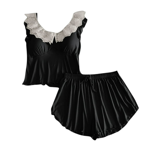 Pajama Sets for Womens Sleeveless 2 Piece Outfits Built-In Bra Lace Tank Tops and Shorts Pants Soft Lounge Sets