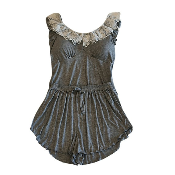 Pajama Sets for Womens Sleeveless 2 Piece Outfits Built-In Bra Lace Tank Tops and Shorts Pants Soft Lounge Sets