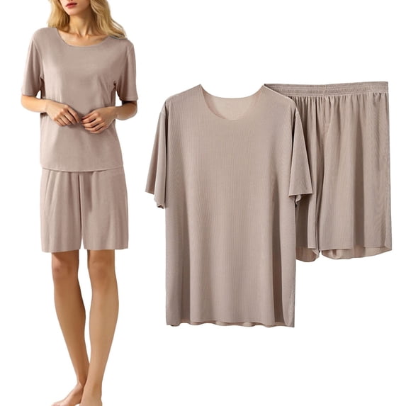 Pajama Short Sets Outfits Soft Solid Color T Shirts and Shorts 2 Piece Lightweight Summer Lounge Sleepwear Set Plus Size