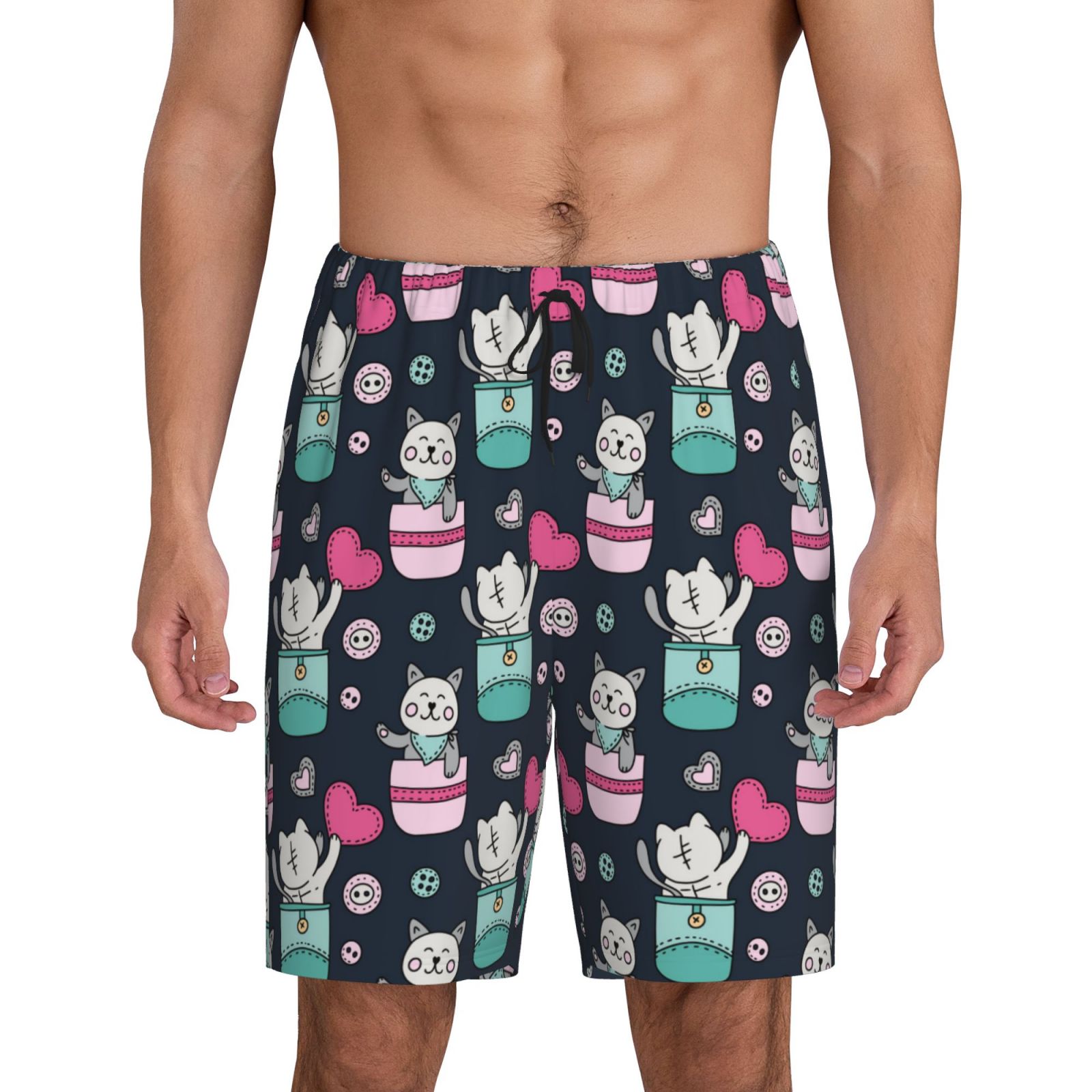 Pink Cute Cat Print Men's Shorts