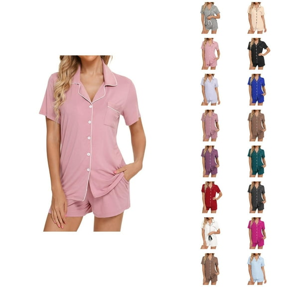 Pajama Shorts Set – Cute Summer Pajamas Womens Pajamas Set Short Sleeve Sleepwear Button Down Nightwear Shorts Soft Home Wear Sets