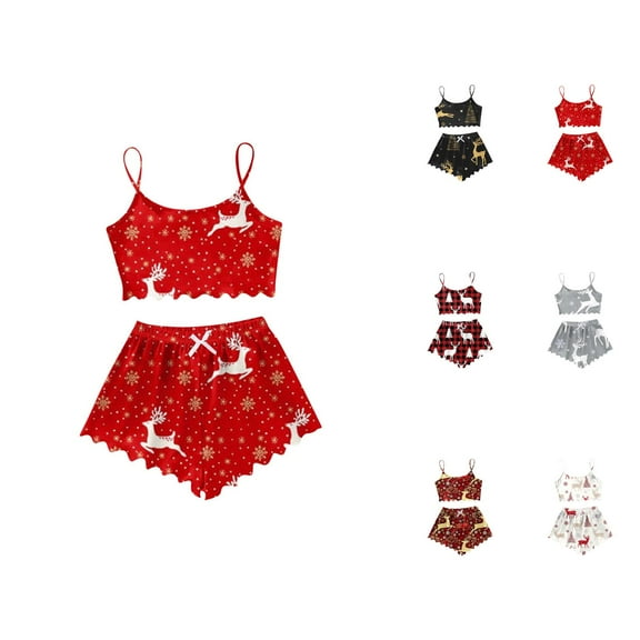 Pajama Shorts Set – Summer Travel Loungewear Women's Christmas Reindeer Print Sleeveless Top & Shorts Sleepwear Set 2 Piece Loungewear Pajamas