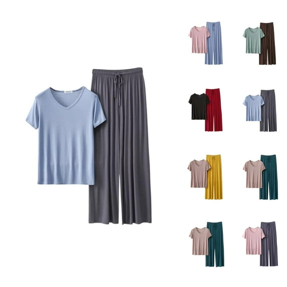Pajama Shorts Women – Summer Cotton Set V Neck Short Sleeve Pajama Set With Loose Fit Long Pants For Women Thin Summer Sleepwear