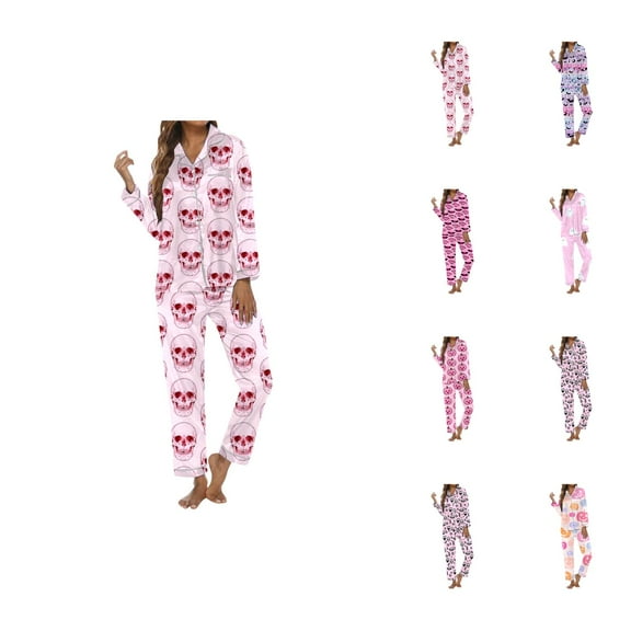 Pajama Shorts Women – Summer Cotton Set Women's Halloween Themed Printed Long Sleeve Pajama Set Loungewear For Festive Comfort