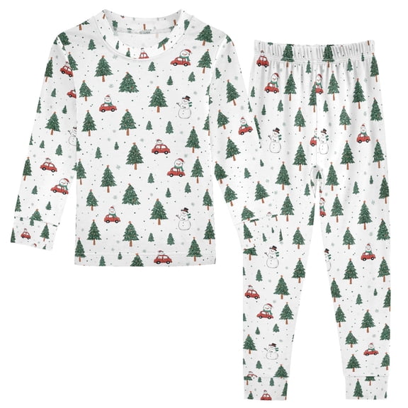 Pajama There Are Snowmen A Red Car and Green Trees Cute Comfortable Cotton Two-piece Pajama Set