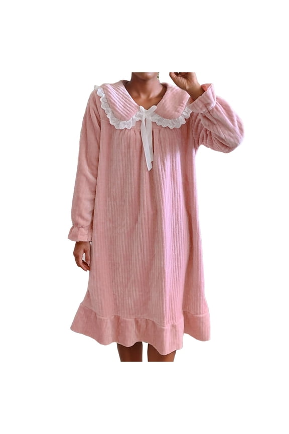 Pajama Tops for Women - Women's Winter Casual Doll Collar Princess Style Dress Flannel Bow Midi Nightdress Pink Xxl