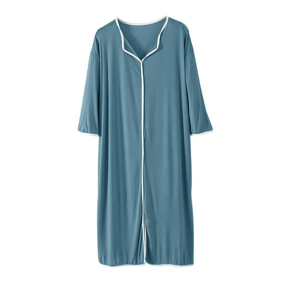 Pajama Tops for Women Women's Summer Short-Sleeved V-Neck Solid Color Nightdress Mid-Calf Nightdress Blue L