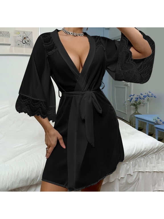 Pajama for Women Towel Bathrobe for Women Pjs Women Women's Sleepwear Chiffon Lace Patchwork Transparent Nightgown Tempting Women's Cardigan Outer Robe