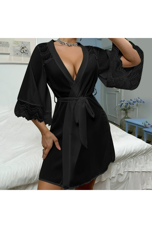 Pajama for Women Towel Bathrobe for Women Pjs Women Women's Sleepwear Chiffon Lace Patchwork Transparent Nightgown Tempting Women's Cardigan Outer Robe