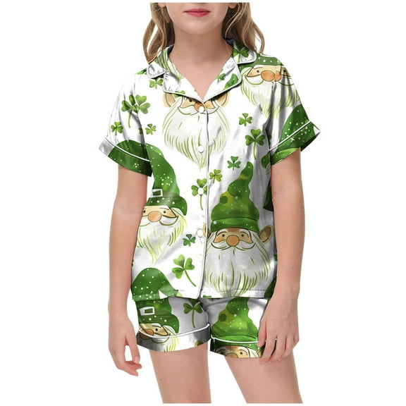 Baby Boy Girl St. Patricks Day Silk Pajamas Set Button Down Clover Long Sleeve Shirts Tops and Pants Satin Pj Sets Princess Pajamas for Girls