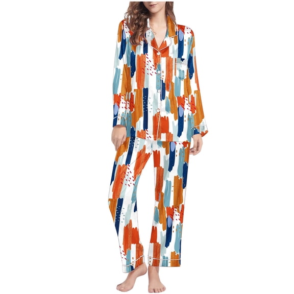 Pajama for Women 2 Piece Long Sleeve Sleepwear Loungewear Cute Graphic Button Down Pjs Sets Fall Cotton Lounge Outfits (Orange M)